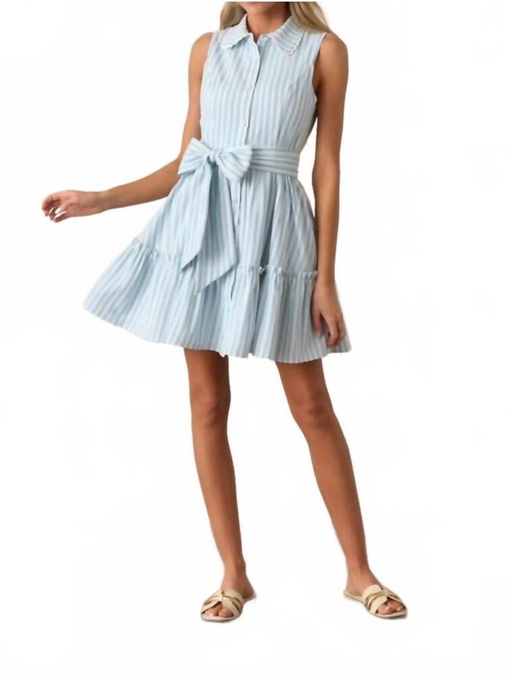 Women’s XS Prosperina Summer Light Blue Stripe Tie-Waist Dress Cotton Brand New - Picture 2 of 9